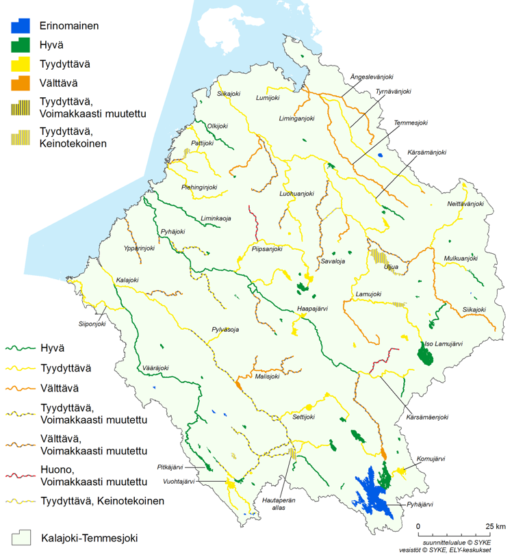 Kartta. Siinä on esitetty Kalajoki-Temmesjoki-suunnittelualueen järvien ja virtavesien tila.