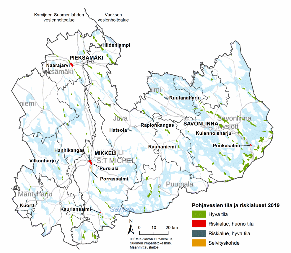 Etelä-Savon kartta, jossa on esitetty pohjavesialueiden tilaluokitus eri väreillä riippuen siitä onko kemiallinen tila hyvä vai huono sekä onko pohjavesialue riskikohteena. Lisäksi kartassa on kuvattu selvityskohteet.