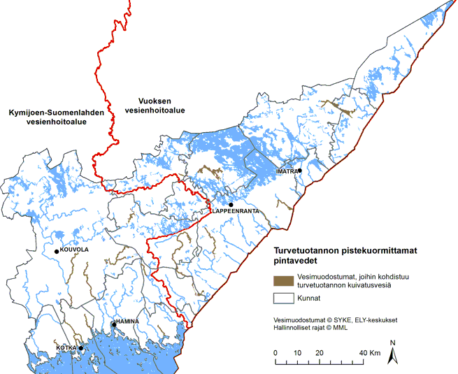 Kartta, jossa esitetään vesimuodostumat, joihin kohdistuu turvetuotannon kuivatusvesiä.