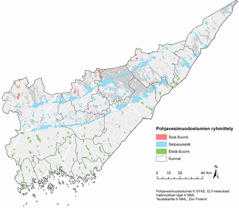 Kartta pohjavesialueiden ryhmittelystä Kaakkois-Suomen alueella.