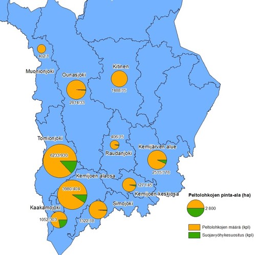 Kuva sisältää karttapohjalla peltolohkojen alan ja suosituksen suojavyöhykkeiden määrästä suunnittelualueittain.