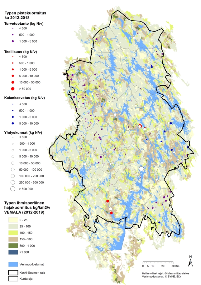 Kuvassa on kartta Keski-Suomen toimenpideohjelma-alueesta ja siinä eri väreillä esitettynä typen ihmisperäisen  hajakuormituksen määrä. Lisäksi kuvassa on esitetty turvetuotannon, teollisuuden, kalankasvatuksen ja yhdyskuntien pistekuormitusten sijainti eri värisillä ja kuormituksen määrän mukaan eri kokoisilla pisteillä.