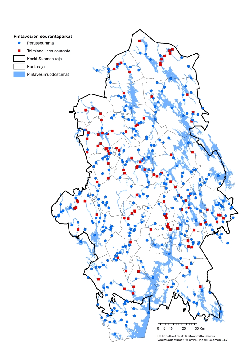 Kartta toimenpideohjelma-alueesta, jossa näkyvät pintavesien perusseurannan ja toiminnallisen seurannan sijaintipaikat.
