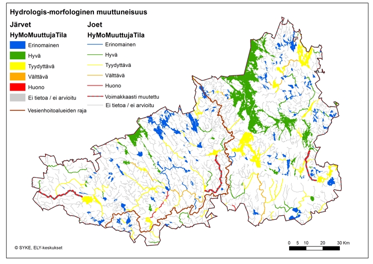 Kartta, jossa on esitetty pintavesien hydrologis-morfologinen muuttuneisuus Hämeen ELY-keskuksen alueella.