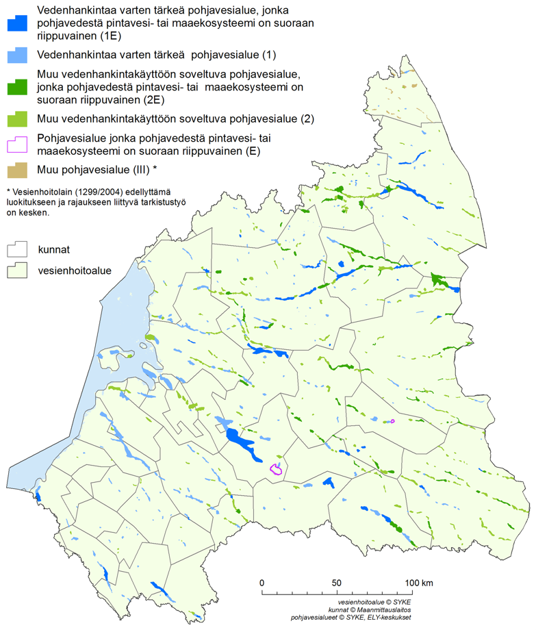 Kartalla on esitetty eri luokkiin kuuluvien pohjavesien sijoittuminen vesienhoitoalueella.