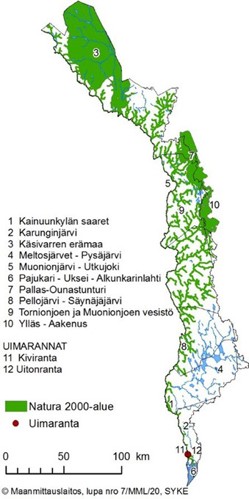 Kartalla on suojelurekisteriin valitut Natura 2000-kohteet ja EU-uimarannat.