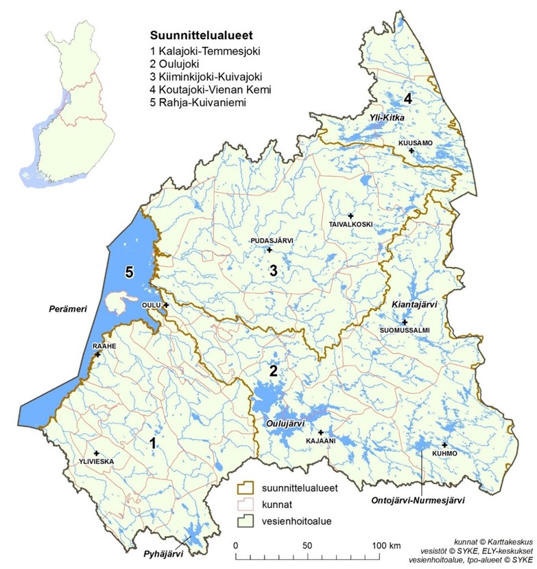 Kartta Oulujoen–Iijoen vesienhoitoalueen pintavesiä koskevien suunnittelualueiden rajauksista