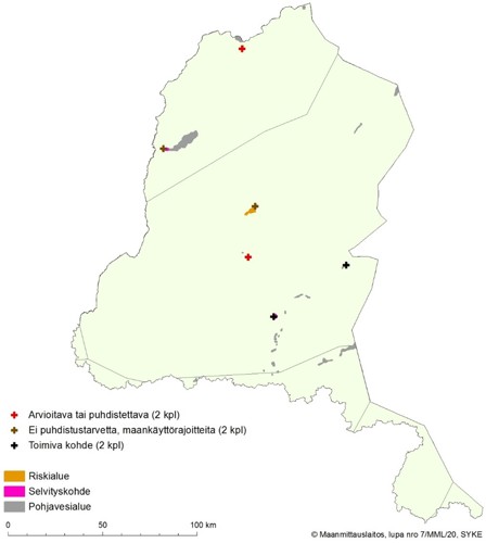 Kuvassa on kartta Tenon-Näätämöjoen-Paatsjoen vesienhoitoalueesta, jossa on esitetty riskialueet, selvityskohteet sekä pohjavesialueet, sekä arvioidut kohteet.