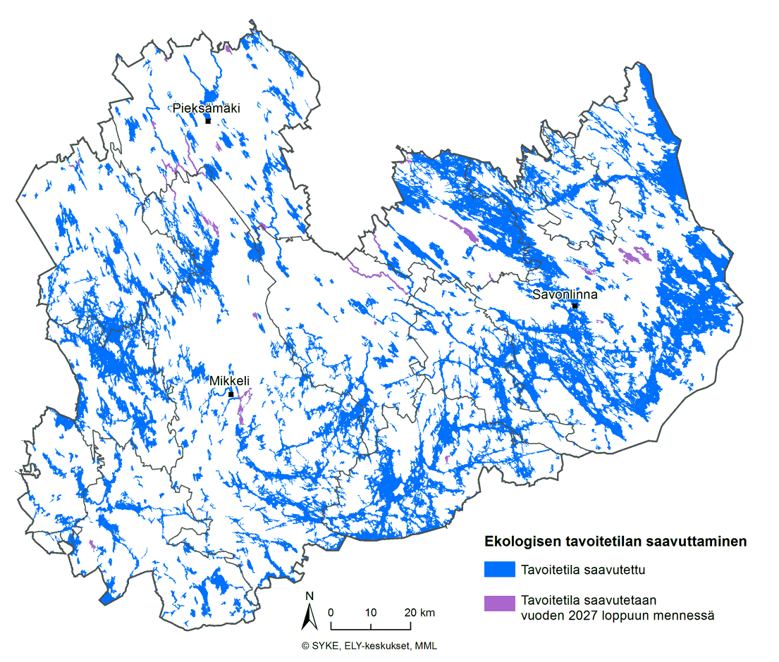 Etelä-Savon kartta, jossa on esitetty pintavesimuodostumittain arvioitu ekologisen tavoitetilan saavuttamisen ajankohta (tavoitetila saavutettu tai tavoitetila saavutetaan vuoden 2027 loppuun mennessä).