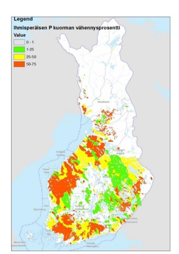 Kartta, jossa on esitetty ihmisperäisen fosforikuorman vähennystarve (%) eri osissa Suomea.