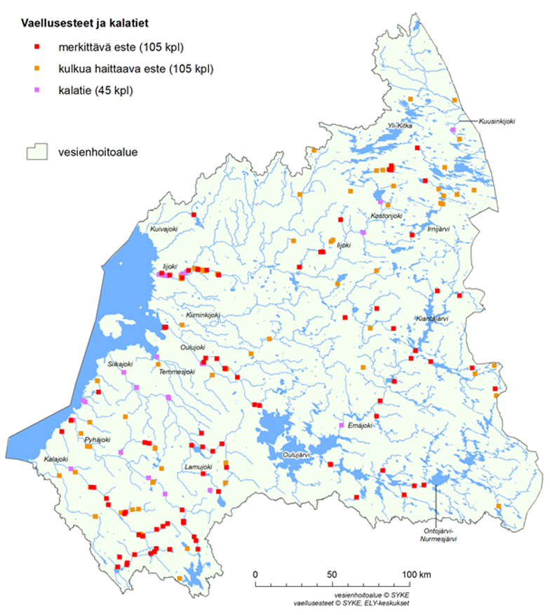 Kalatiet ja vaellusesteet Oulujoen–Iijoen vesienhoitoalueella, merkittäviä esteitä 105 kpl, kulkua haittaavia esteitä 105 kpl ja kalateitä 45 kpl.