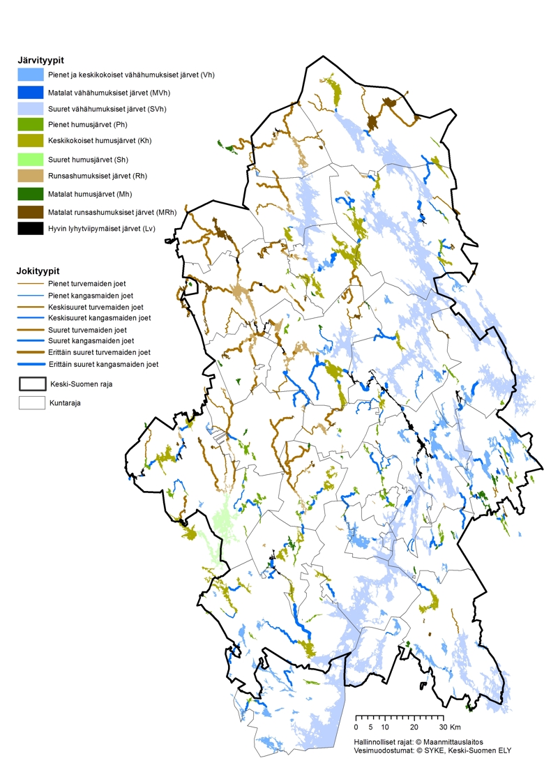 Kuvassa on kartta toimenpideohjelma-alueesta ja sen pintavesimuodostumista. Muodostumat on esitetty tyypeittäin eri väreillä.
