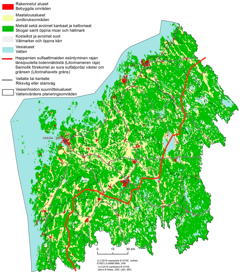 Kuva, joka sisältää kohteen kartta. Etelä-Pohjanmaan vesienhoidon suunnittelualueen maankäytössä maatalous keskittyy jokivarsille. Myös valtatiet monin paikoin seurailevat jokivarsia. Suurimmat taajama-alueet ovat Vaasa, Seinäjoki, Kokkola ja Pietarsaari. Yli puolet alueesta on Litorinameren rajan alapuolella eli alueella voi esiintyä happamia sulfaattimaita.