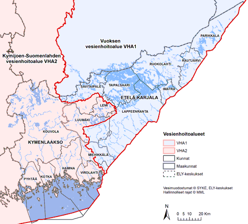 Kaakkois-Suomen alueelle ulottuvat vesienhoitoalueet kartalla.