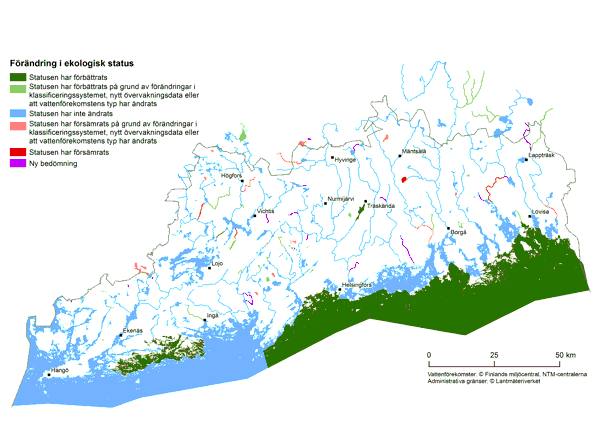 En kartbild av förändringar i ytvattnens ekologiska status efter andra planeringsomgången och orsaker till dessa förändringar.