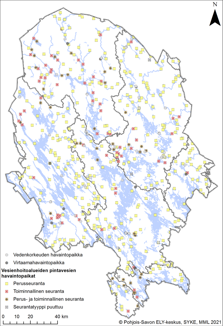 Pohjois-Savon kartalla on esitetty pintavesien seurantapaikat jaoteltuna perus- ja toiminnalliseen seurantaan sekä vedenkorkeuden ja virtaaman havaintopaikat.