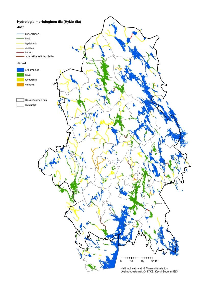 Kuvassa on kartta toimenpideohjelma-alueesta. Siihen on merkitty eri väreillä joki- ja järvimuodostumien hydrologis-morfologinen tila ja voimakkaasti muutetut vedet.