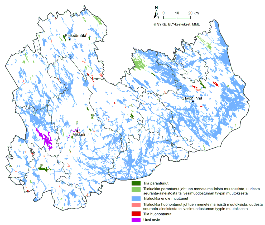 Etelä-Savon kartta, jossa on esitetty pintavesien ekologisen tilan muutos toisen ja kolmannen vesienhoitokauden välillä. Muutos (tilan parantuminen tai heikentyminen) on merkitty vesimuodostumittain eri väreillä.