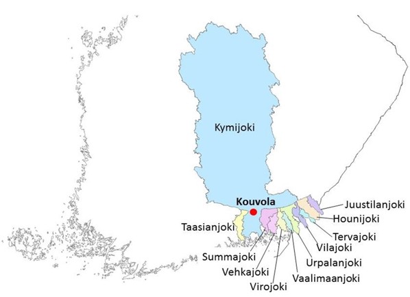 Karttakuva Suomenlahteen laskevista kohdevaluma-alueista Kaakkois-Suomen ELY-keskuksen alueella.