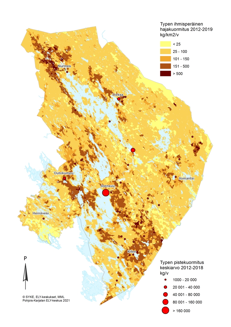 Kuva sisältää Pohjois-Karjalan kartan, jossa esitetään kokonaistypen keskimääräinen kuormitus, pistekuormitus 2012-2018 punaisin ympyröin, kiloa vuodessa ja ihmisperäinen hajakuormitus kg/km2/v määrän perusteella keltaisesta ruskeaan muuttuvin värein.