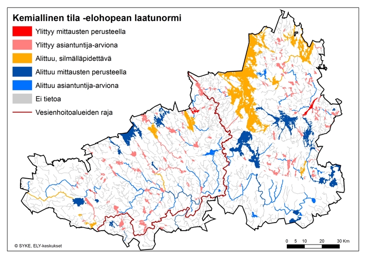Kartta, jossa on esitetty pintavesien kemiallinen tila (elohopean laatunormi) Hämeen ELY-keskuksen alueella.