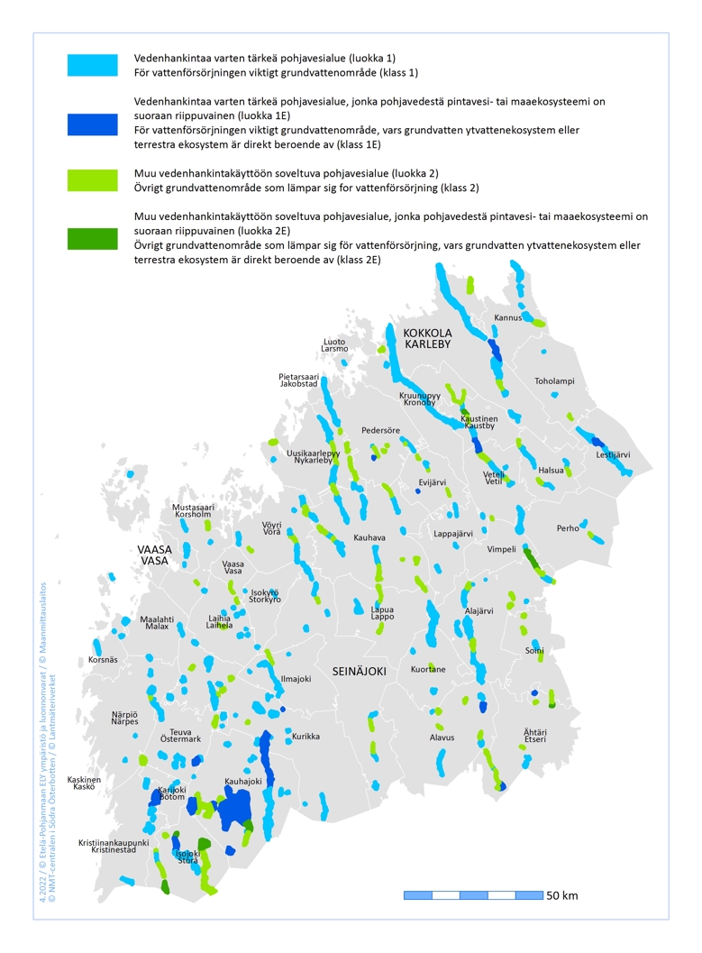 En karta över grundvattenområdenas lägen i landskapen Södra Österbotten, Österbotten och Mellersta Österbotten. Flest grundvattenom-råden är belägna i de södra delarna av Södra Österbottens landskap, men betydande åssträckningar finns även i Södra Österbottens östra och norra del samt i Mellersta Österbottens och Österbottens norra del.