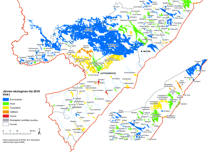 Järvien ekologinen tila Kaakkois-Suomessa karttaesityksenä.