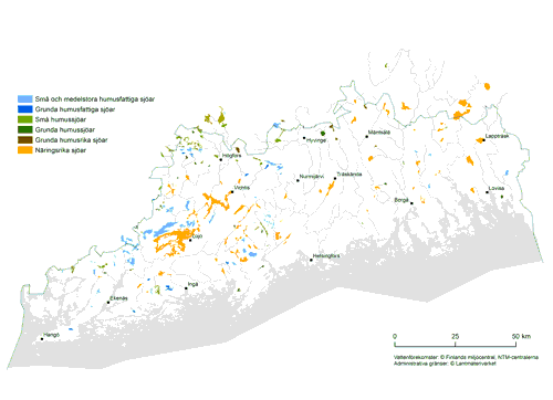 En kartbild av sjötyper i Nyland.