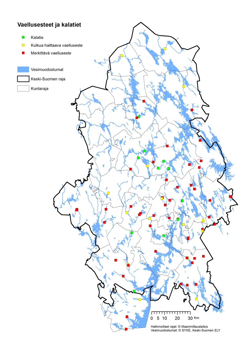 Kuvassa on esitetty toimenpideohjelma-alueen vaellusesteet ja kalatiet kartalla. Eri värikoodeilla on eritelty kalatiet, kulkua haittaavat vaellusesteet ja merkittävät vaellusesteet.