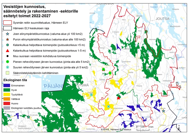 Kartta, jossa on esitetty Sysmän reitin suunnittelualueen vesille esitetyt vesistöjen kunnostus, säännöstely ja rakentaminen -sektorin toimet vuosille 2022-2027 Hämeen ELY-keskuksen alueella.