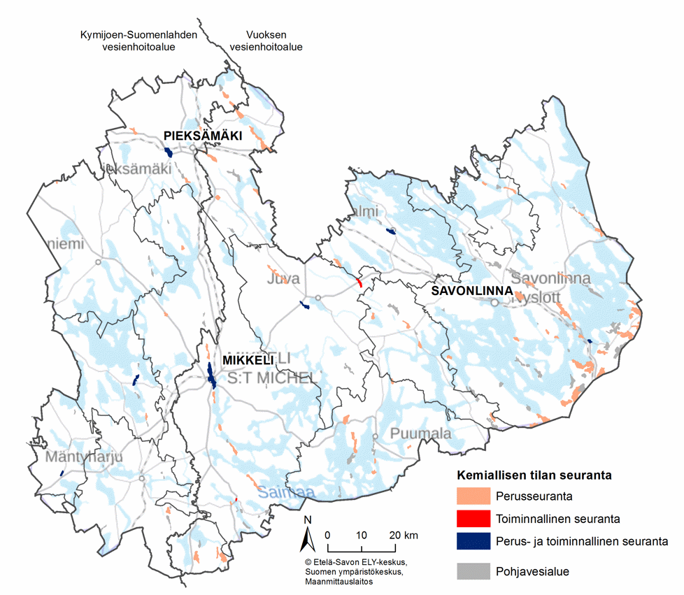 Etelä-Savon kartta, johon on merkitty pohjavesien kemiallisen tilan luokittelussa käytetty seurantaverkko. Eri väreillä on kuvattu onko pohjavesialue kuulunut perusseurantaan, toiminnalliseen seurantaan tai molempiin yhtä aikaa.