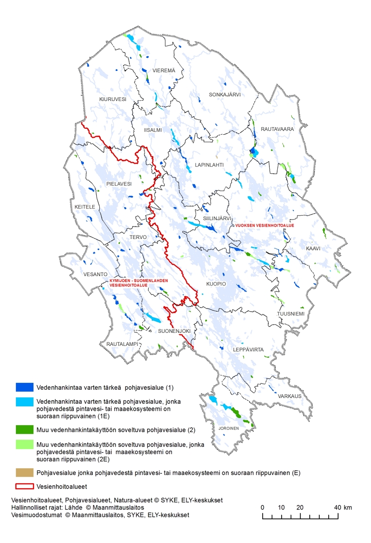 Kartalle on sijoitettu pohjavesialueet luokittain  (1, 1E, 2, 2E ja E).