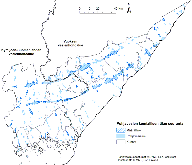 Kuvassa 75. on Pohjavesien määrällisen tilan seurantaverkon kattavuus Kaakkois-Suomen pohjavesialueilla.