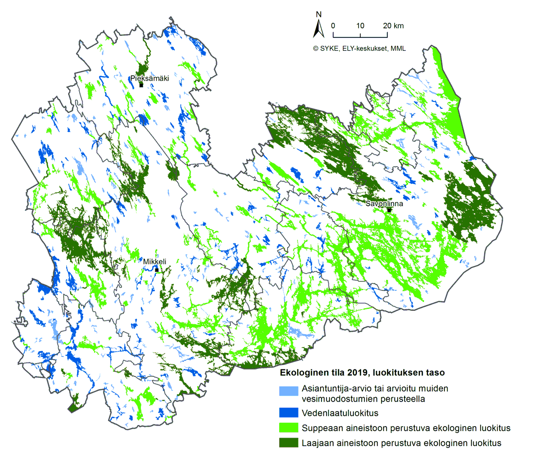Etelä-Savon kartta, jossa on esitetty pintavesien ekologisen luokituksen 2019 taso eli luokittelussa käytetyn aineiston laajuus vesimuodostumittain.