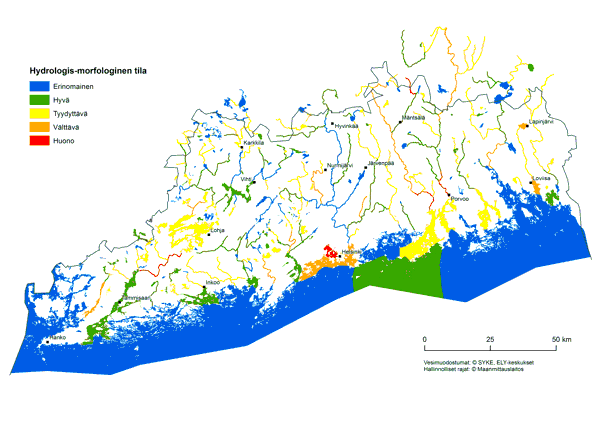 Karttakuva pintavesien hydrologis-morfologisesta tilasta.