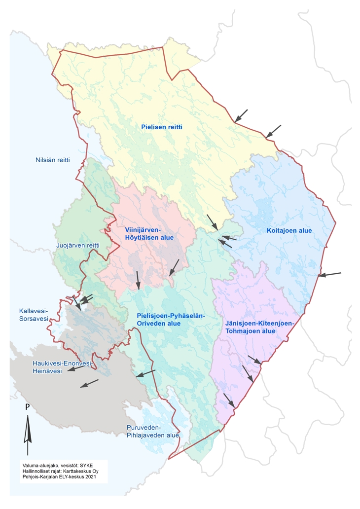 Pohjois-Karjalan kartta, jossa esitetään  vesienhoidon suunnittelun osa-alueet ja nuolilla vesien virtaussuunnat. Keskeiset suunnittelualueet ovat Pielisen reitti, Koitajoen alue Viinijärven-Höytiäisen alue, Pielisen-Pyhäselän-Oriveden alue ja Jänisjoen-Kiteenjoen-Tohmajoen alue.