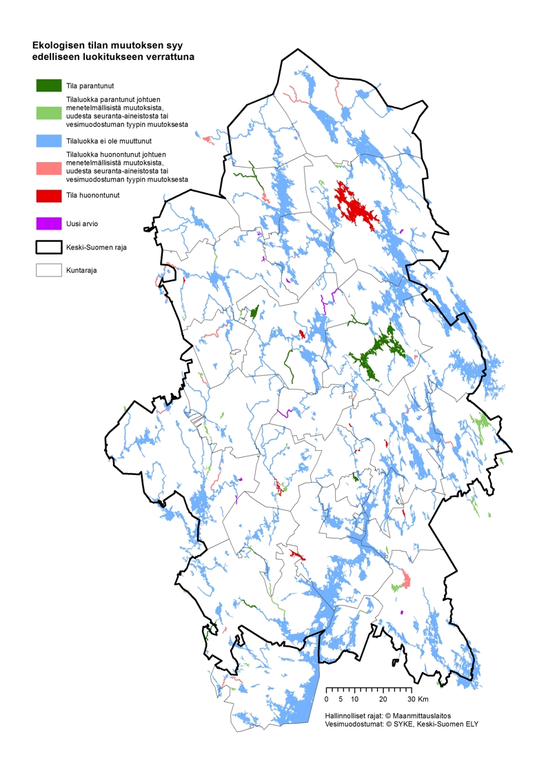 Karttakuva toimenpideohjelma-alueen pintavesimuodostumista. Kartassa on esitetty muodostumat eri väreillä sen mukaan mistä syystä muodostuman ekologinen tila on muuttunut edelliseen luokitukseen verrattuna.