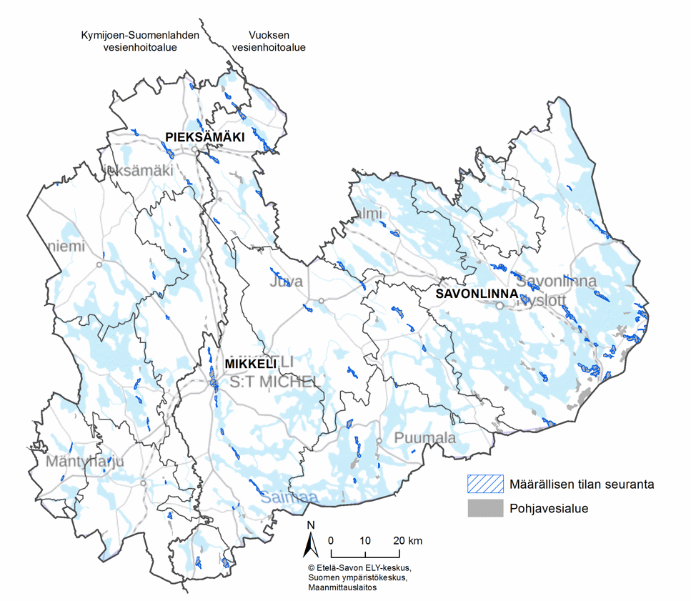 Etelä-Savon kartta, johon on merkitty pohjavesien määrällisen tilan luokittelussa käytetty seurantaverkko. Ne pohjavesialueet, jotka on kuvattu kartassa rasterilla, ovat kuuluneet tilaluokittelussa määrällisen tilan seurantaan.
