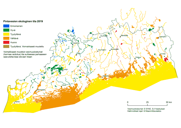 Karttakuva pintavesien ekologisesta tilasta.