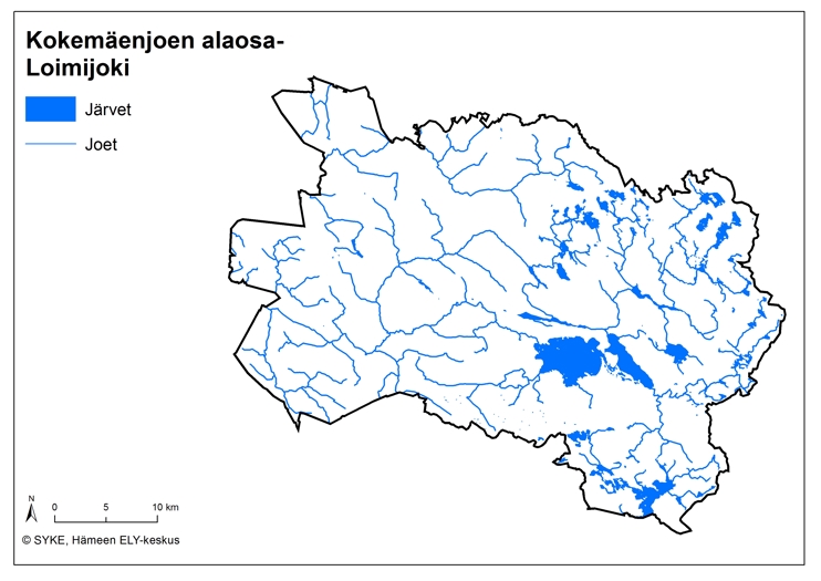 Kuvassa on kartta, jossa esitetään Kokemäenjoen alaosan - Loimijoen suunnittelualueen rajat Hämeen ELY-keskuksen toimialueella.