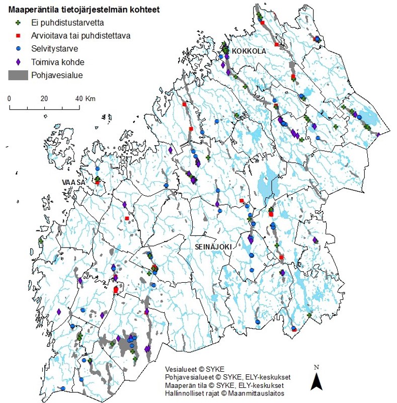Kuvassa olevassa kartassa on esitetty eri symboleilla pohjavesialueilla olevat pilaantuneiden maiden kohteet. Kohteet on lajiteltu puhdistustarpeen mukaisesti neljään luokkaan: kohteet, joilla ei ole puhdistustarvetta, kohteet, jotka on arvioitava tai puhdistettava, kohteet, jotka vaativat lisäselvityksiä sekä toiminnassa olevat kohteet. Kohteita on eniten taajamia ja asutusta lähellä olevilla pohjavesialueilla.