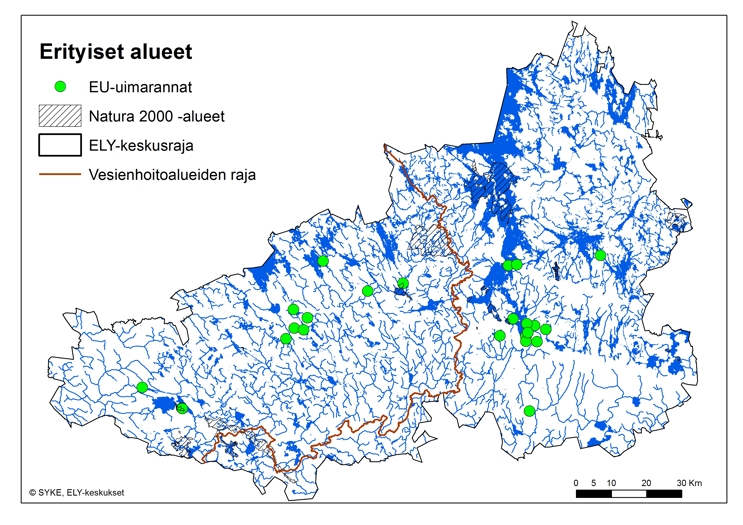 Kartta, jossa on esitetty erityiset alueet eli EU-uimarannat ja vesienhoidon suojelualuerekisterin Natura 2000 -alueet Hämeen ELY-keskuksen toimialueella.