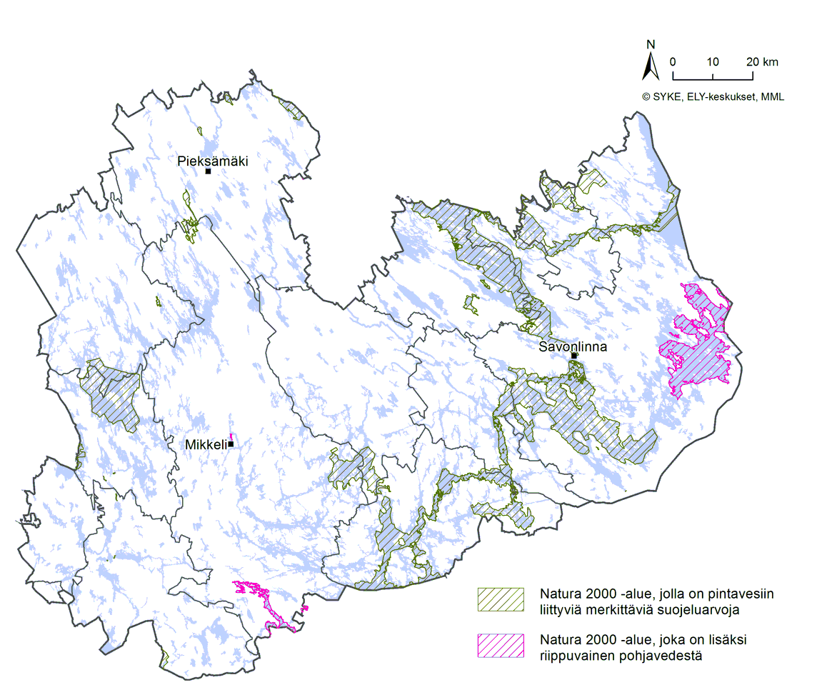 Etelä-Savon kartta, johon on merkitty vihreällä värillä Natura 2000 -alueet, joilla on pintavesiin liittyviä merkittäviä suojeluarvoja sekä violetilla värillä Natura 2000-alueet, jotka ovat lisäksi riippuvaisia pohjavedestä.