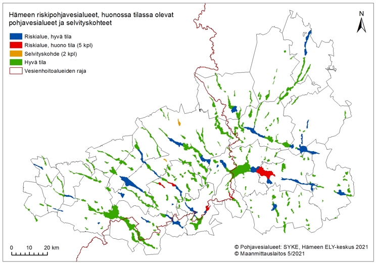 Kartta, jossa on esitetty Hämeen riskipohjavesialueet (46 kpl), joista viisi on huonossa kemiallisessa tilassa. Lähes jokaisen kunnan alueelta löytyy riskialueeksi nimettyjä kohteita.