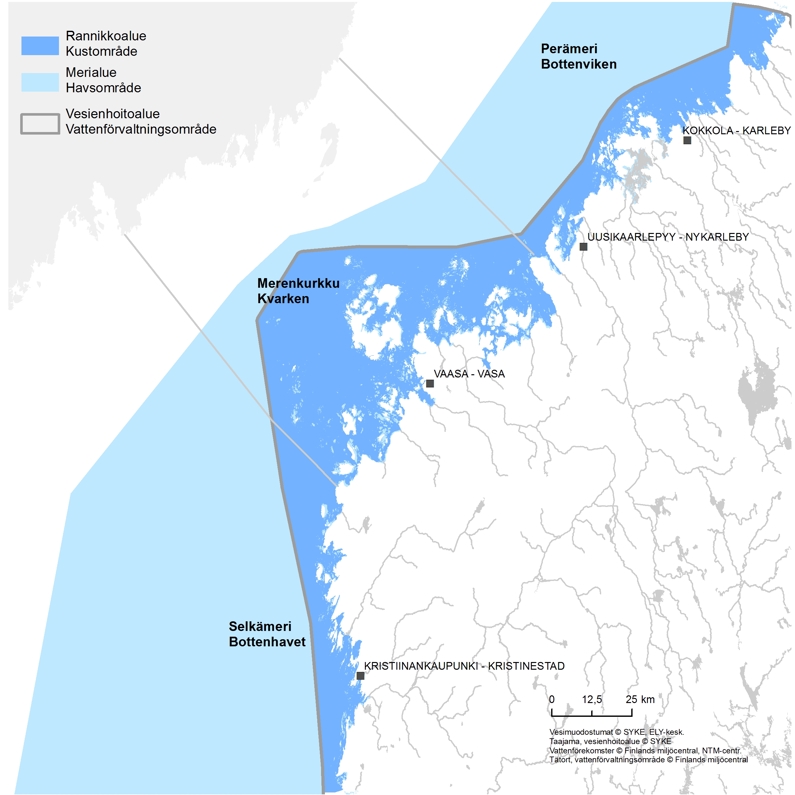 Kartassa on esitetty merialue, rannikkoalue ja näiden jakautuminen Perämeren, Merenkurkun ja Selkämeren alueisiin.