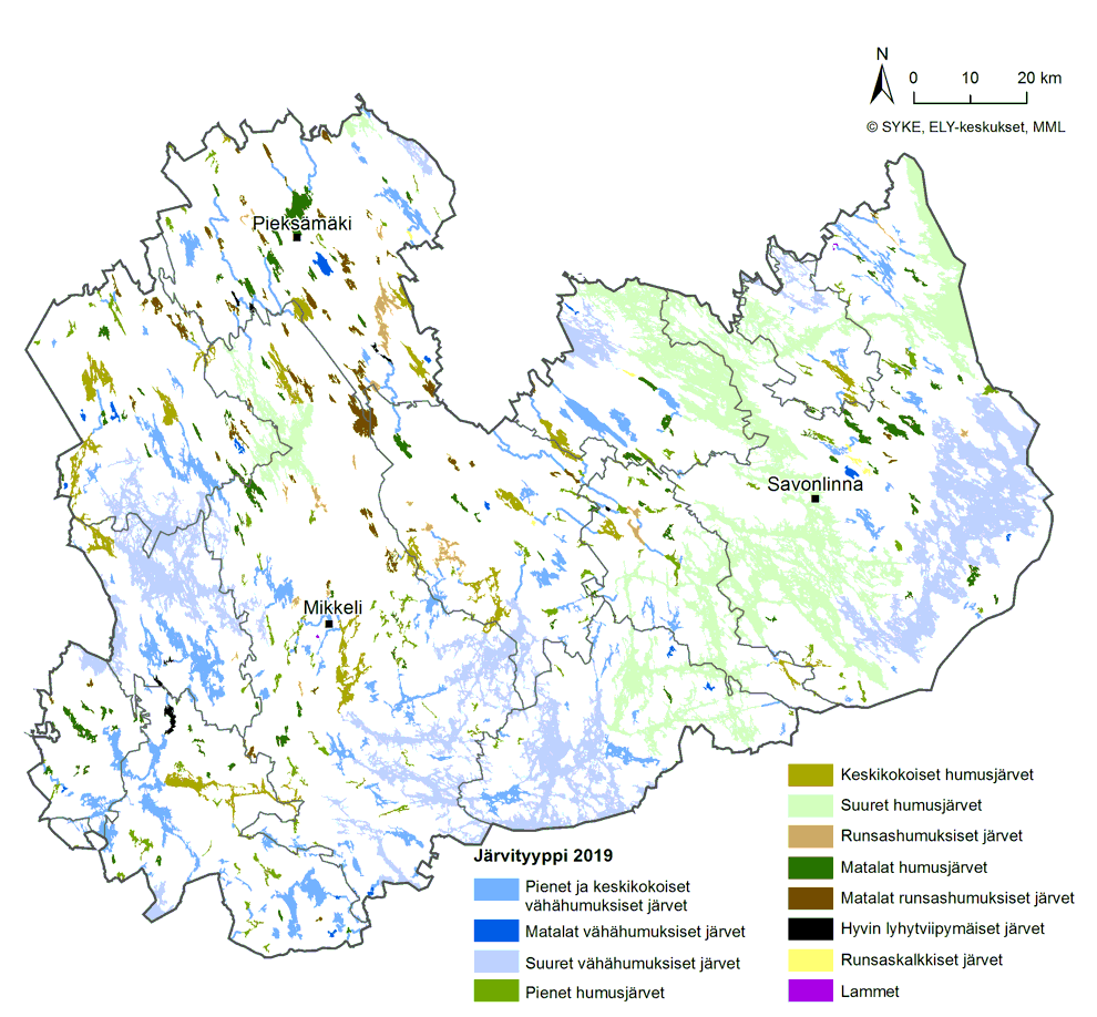 Etelä-Savon kartta, jossa on esitetty pintavesimuodostumien tyypittely järvien osalta. Järvien pintavesityypit on merkitty karttaan eri väreinä.