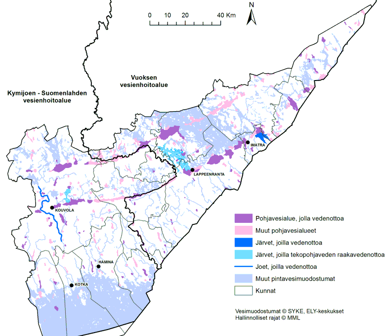 Kartta  pohja- ja pintavesimuodostumista, joihin kohdistuu yhdyskuntavedenottoa Kaakkois-Suomessa.