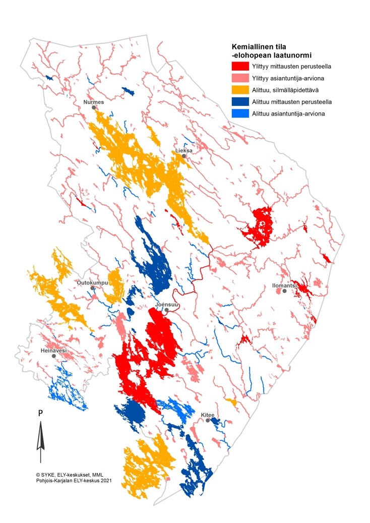 Kartta Pohjois-Karjalan vesistöjen kemiallisesta tilasta elohopean laatunormin perusteella. Punaisella ja vaaleanpunaisella ovat vesimuodostumat, joissa elohopean ympäristönlaatunormi ylittyy mittausten perusteella tai asiantuntija-arviona, ja tila on hyvää huonompi. Keltaisella merkityt muodostumat ovat silmällä pidettäviä. Sinisellä merkityissä muodostumissa laatunormi alittuu mittausten perusteella tai asiantuntija-arviona.