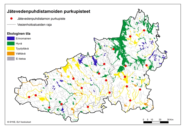 Kartta, jossa on esitetty jätevedenpuhdistamoiden purkupisteet Hämeen ELY-keskuksen toimialueella vuonna 2021.