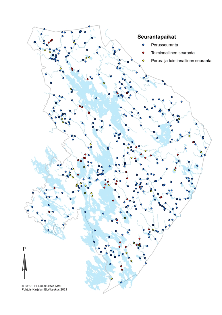 Pohjois-Karjalan kartta, jossa esitetään pintavesien seurantapaikat. Seurantapaikoikoilta hankittua vedenlaatu- ja muuta seurantatietoa on hyödynnetty ekologisen ja kemiallisen tilan luokittelussa.